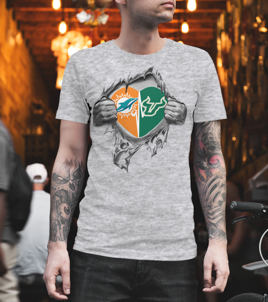 Miami Dolphins And South Florida Bulls Heart T-Shirt