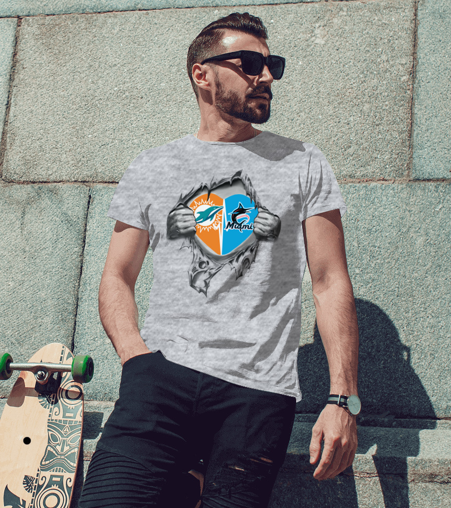 Miami Dolphins And Marlins Heart Design 28 Dolphins It's In My Heart T-Shirt