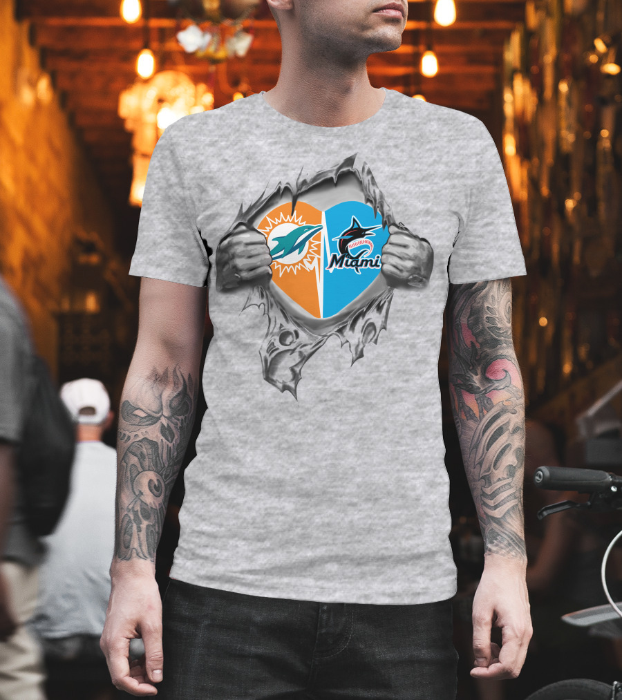Miami Dolphins And Marlins Heart Design 28 Dolphins It's In My Heart T-Shirt