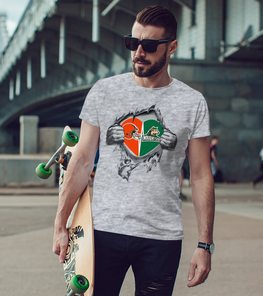 Browns Helmet And Wright State Raiders Heart T-Shirt