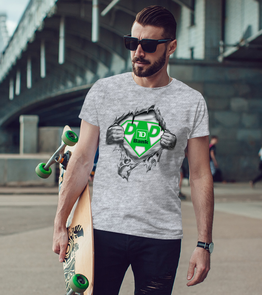 Td Bank Super Dad Logo With Heroic Shield And Ripped T-Shirt