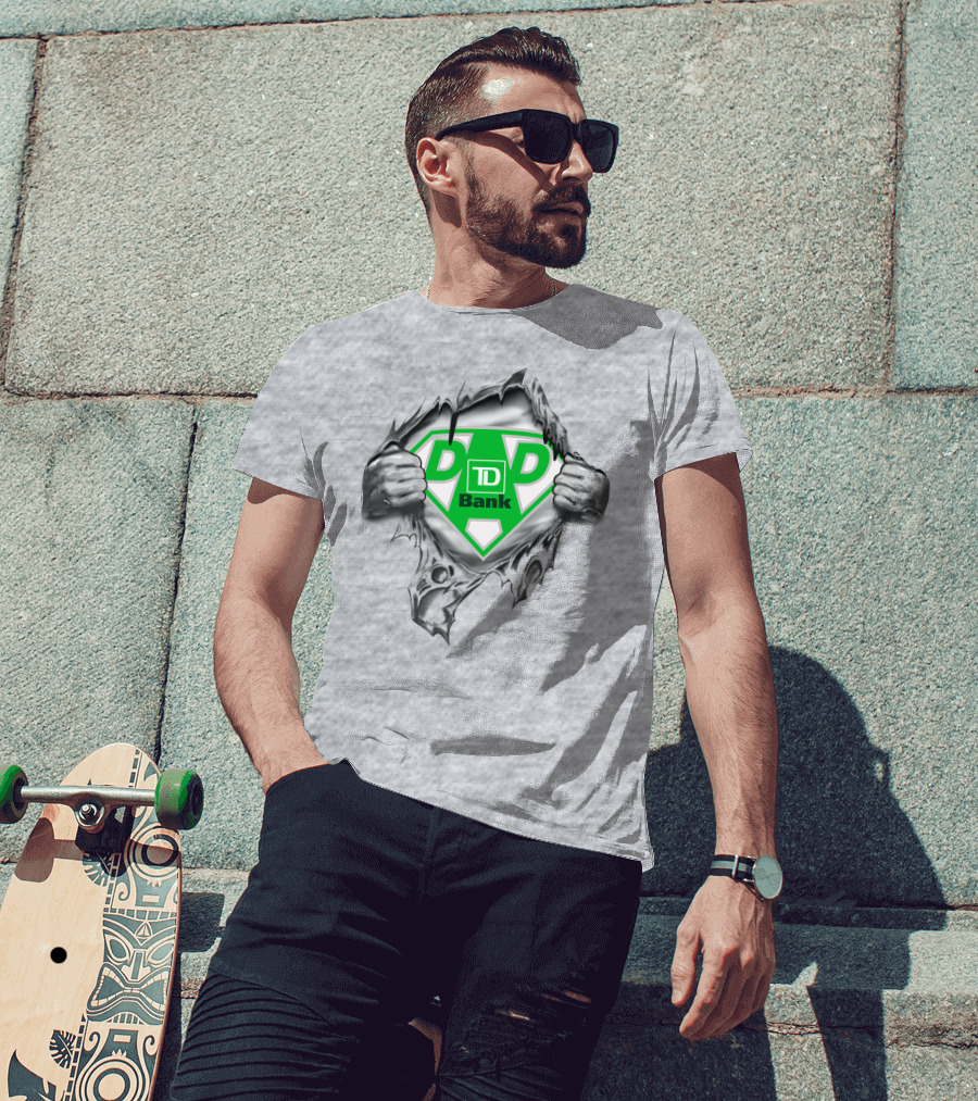 Td Bank Super Dad Logo With Heroic Shield And Ripped T-Shirt