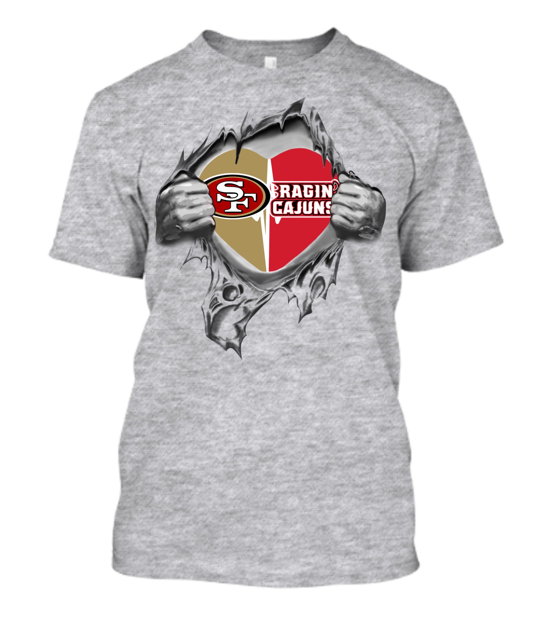 49ers Ragin' Cajuns Heart Dual Loyalty Tear-Out T-Shirt