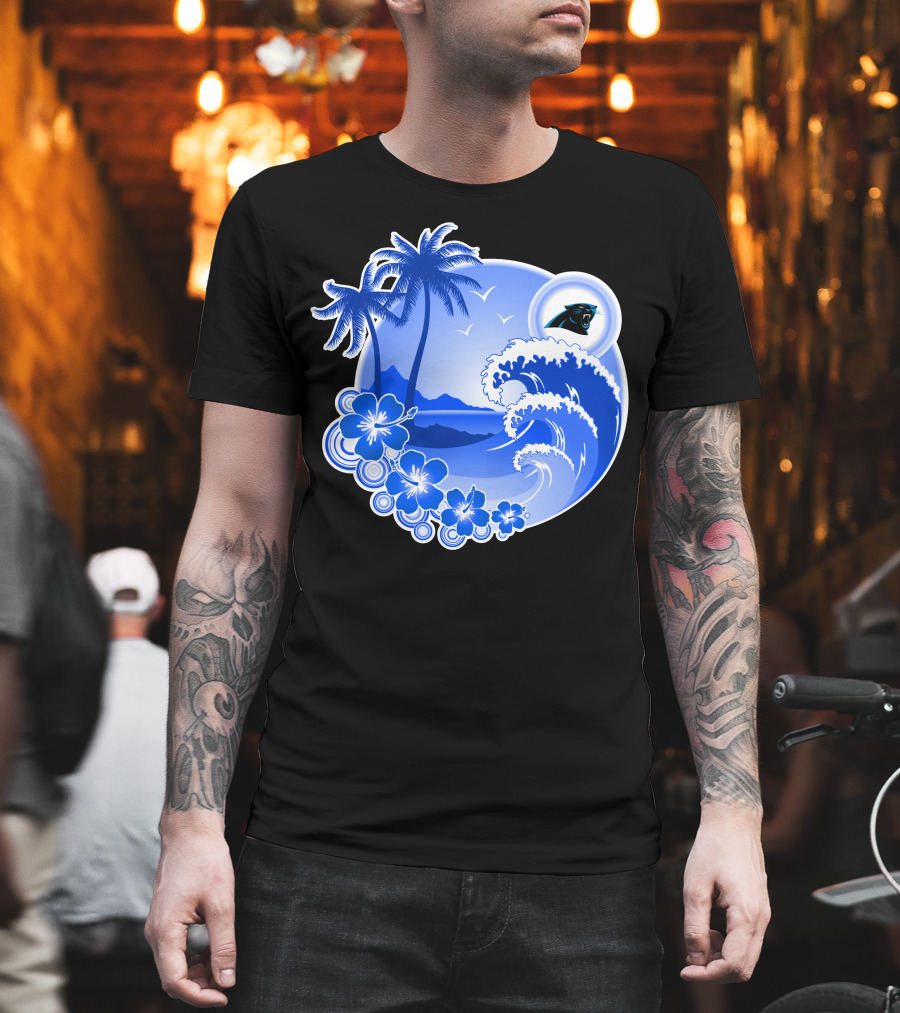 Carolina Panthers Happy Holidays Tropical Wave And Palm Trees T-Shirt