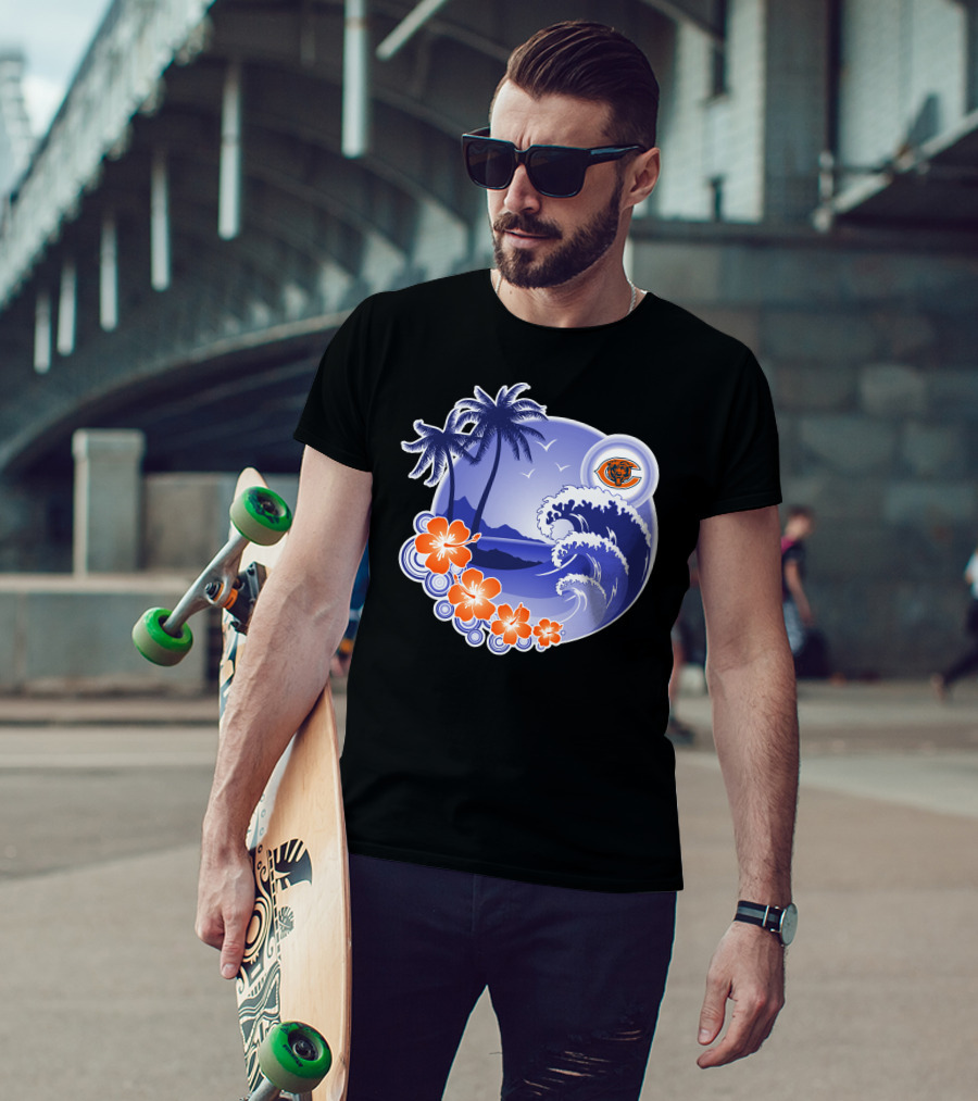 Chicago Bears Happy Holidays Palm Trees And Ocean Wave T-Shirt