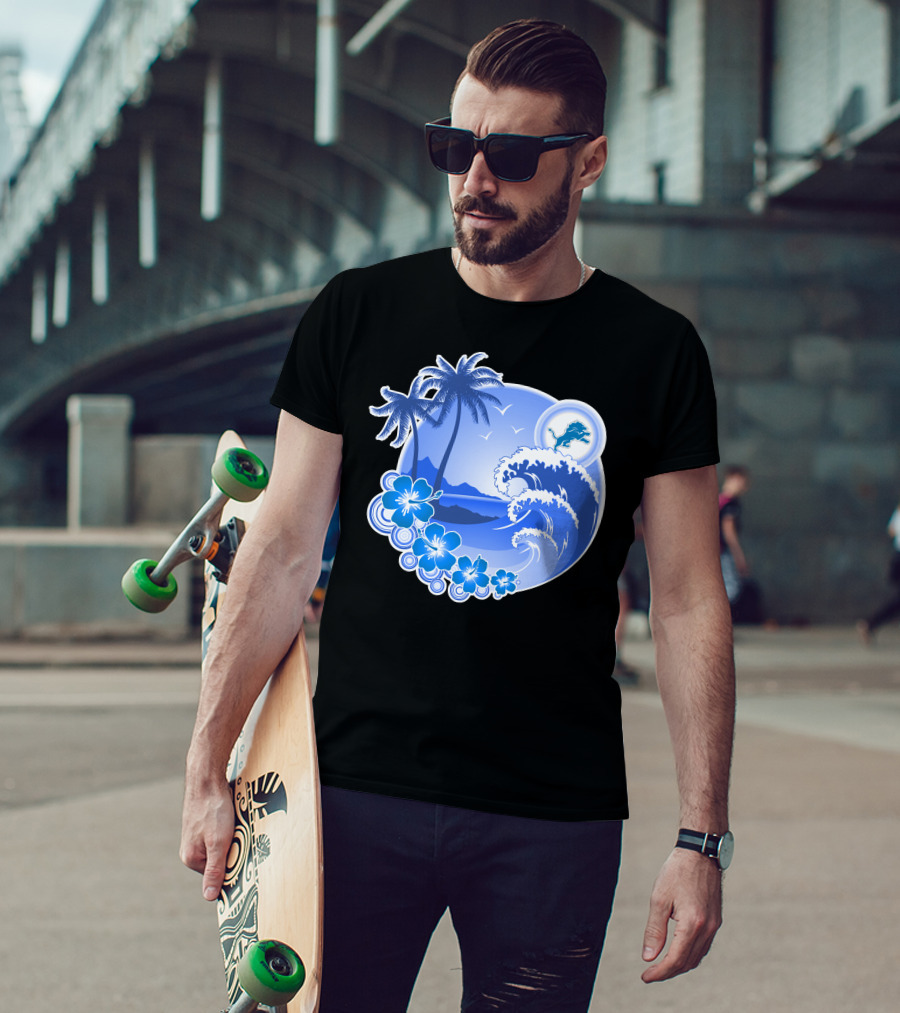 Detroit Lions Happy Holidays Tropical Wave And Palm Trees T-Shirt