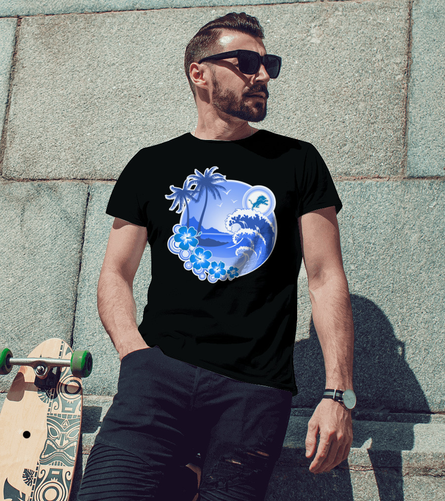 Detroit Lions Happy Holidays Tropical Wave And Palm Trees T-Shirt