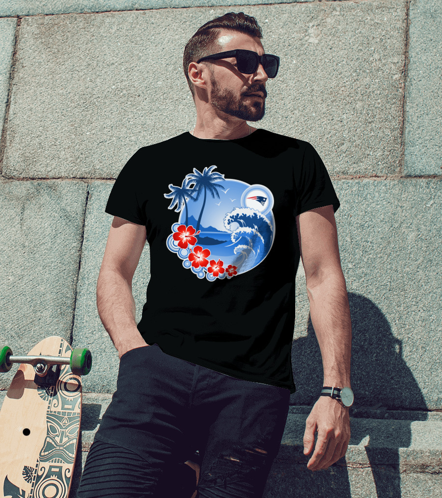 New England Patriots Tropical Beach Waves And Palm Trees Scene T-Shirt