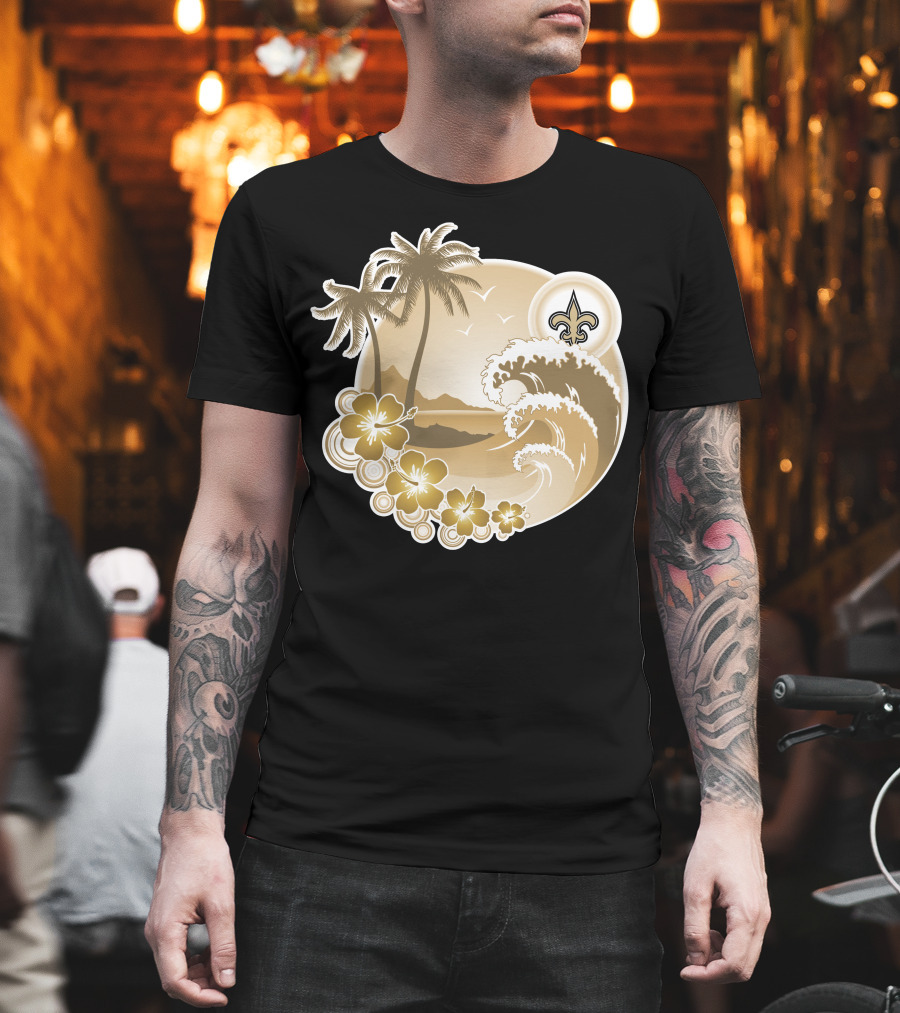 New Orleans Saints Happy Holidays Fleur-De-Lis Tropical Scene T-Shirt