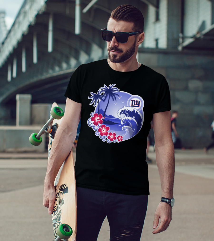 New York Giants Tropical Island Wave And Palm Trees T-Shirt