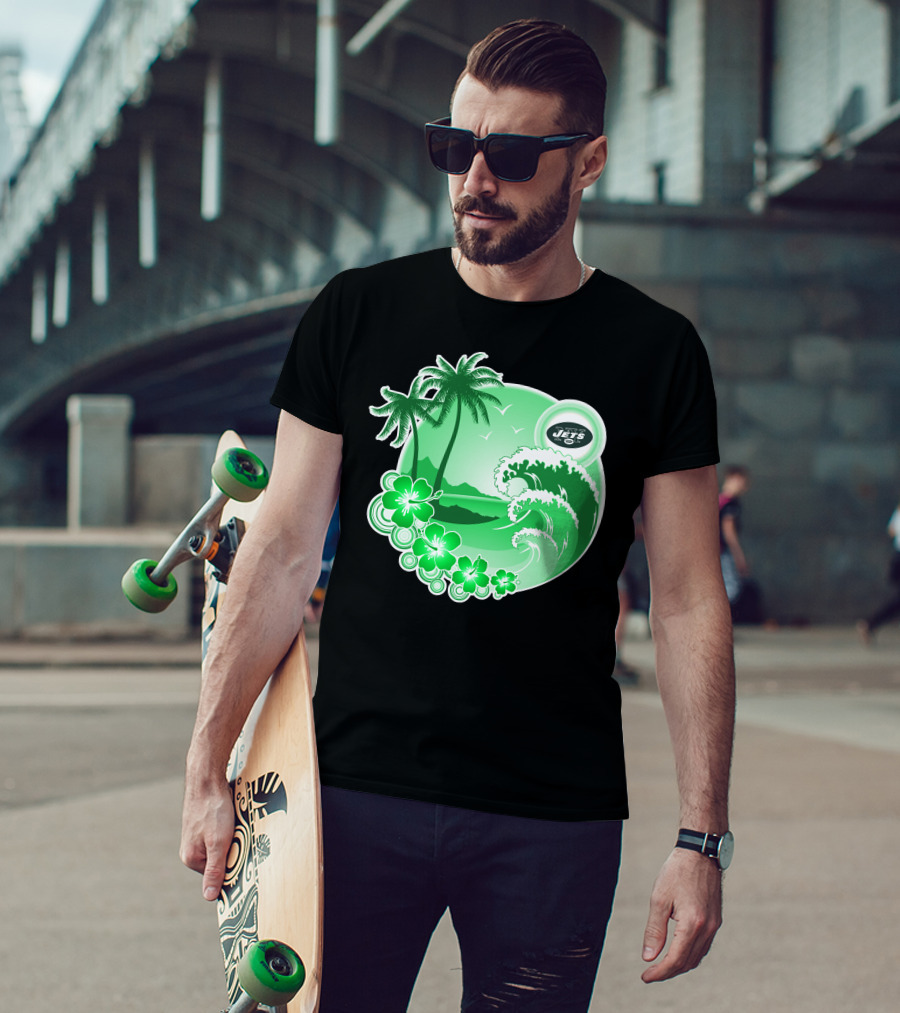 New York Jets Happy Holidays Tropical Waves And Palm Trees T-Shirt