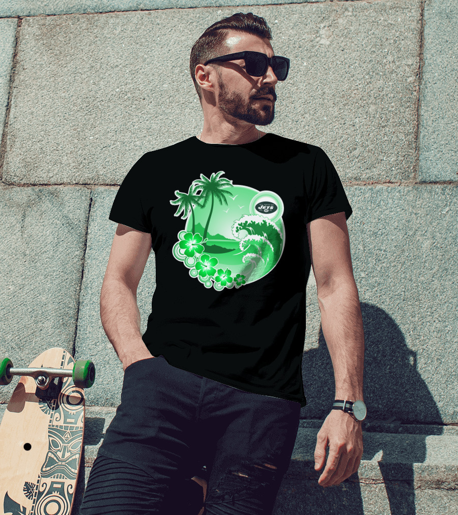 New York Jets Happy Holidays Tropical Waves And Palm Trees T-Shirt