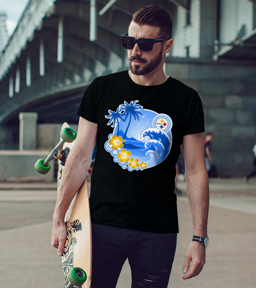 Pittsburgh Steelers Happy Holidays Tropical Waves Palm Trees Flowers T-Shirt