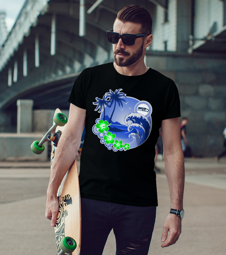 Seattle Seahawks Tropical Beach Happy Holidays Wave And Palm Trees T-Shirt