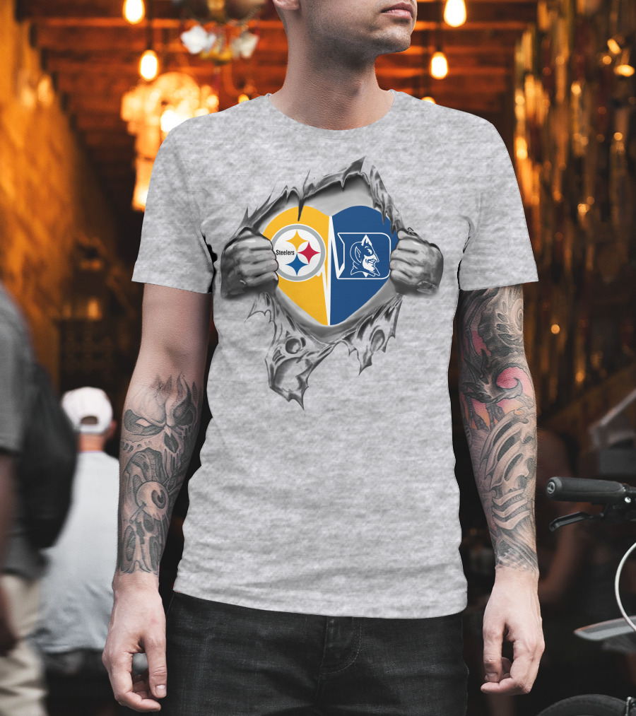 Steelers Duke Blue Devils Heart With Logos Inside Ripped Hands T-Shirt