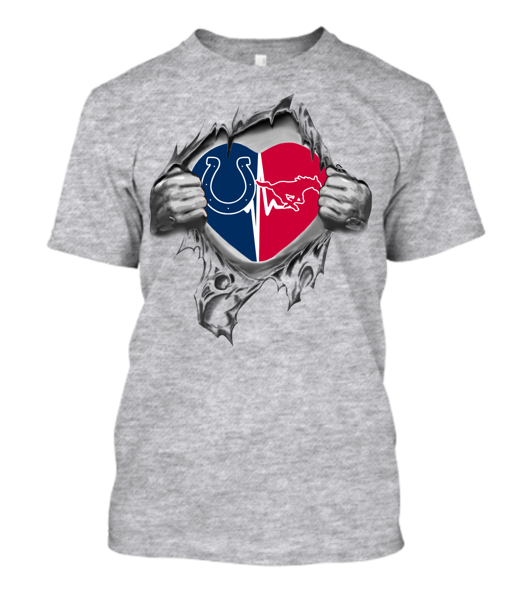 Colts Smu Mustangs Heart Logo Split By Torn Hands T-Shirt