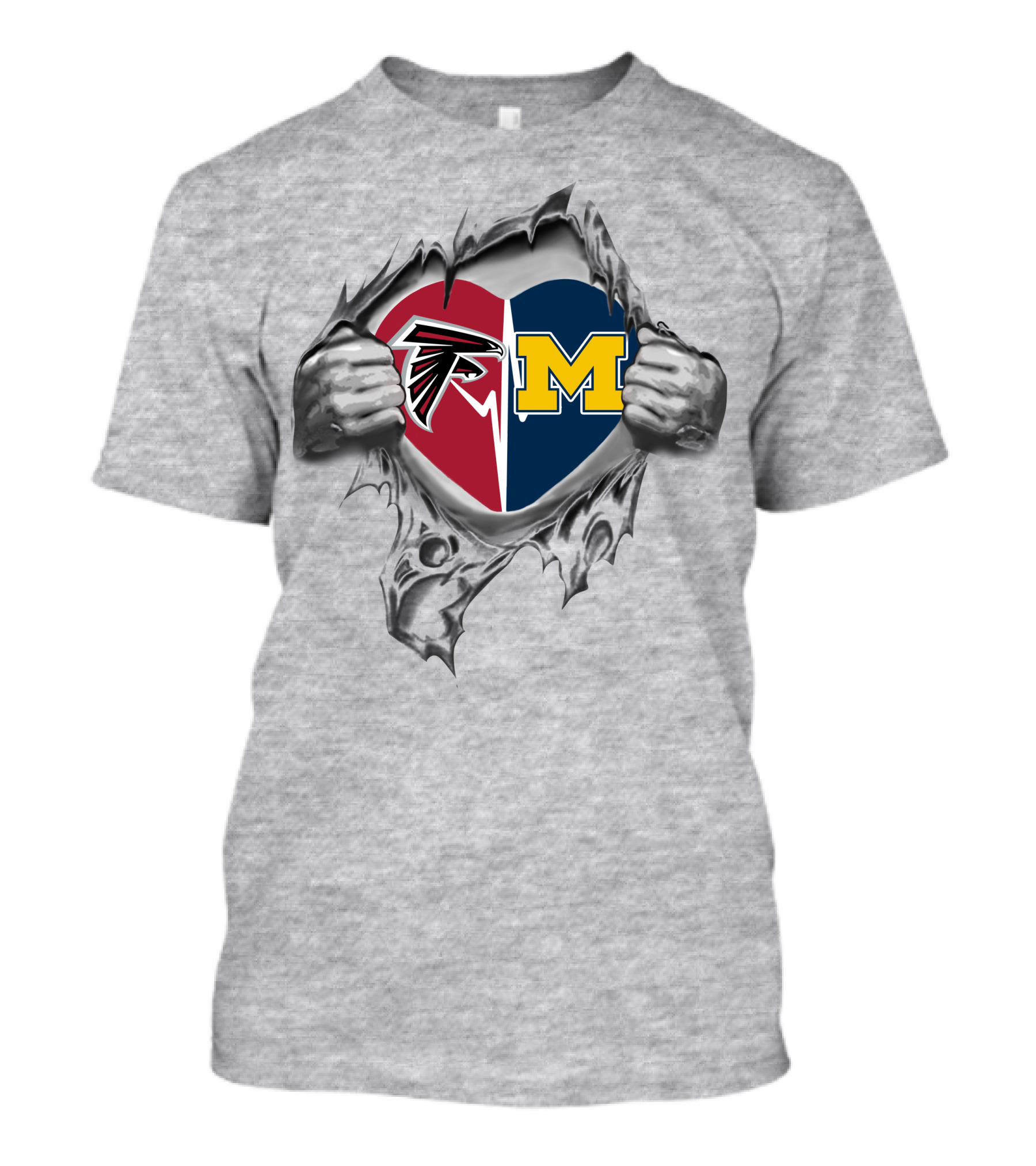 Falcons Michigan Wolverines Heart Logo Inside Torn Greytex T-Shirt