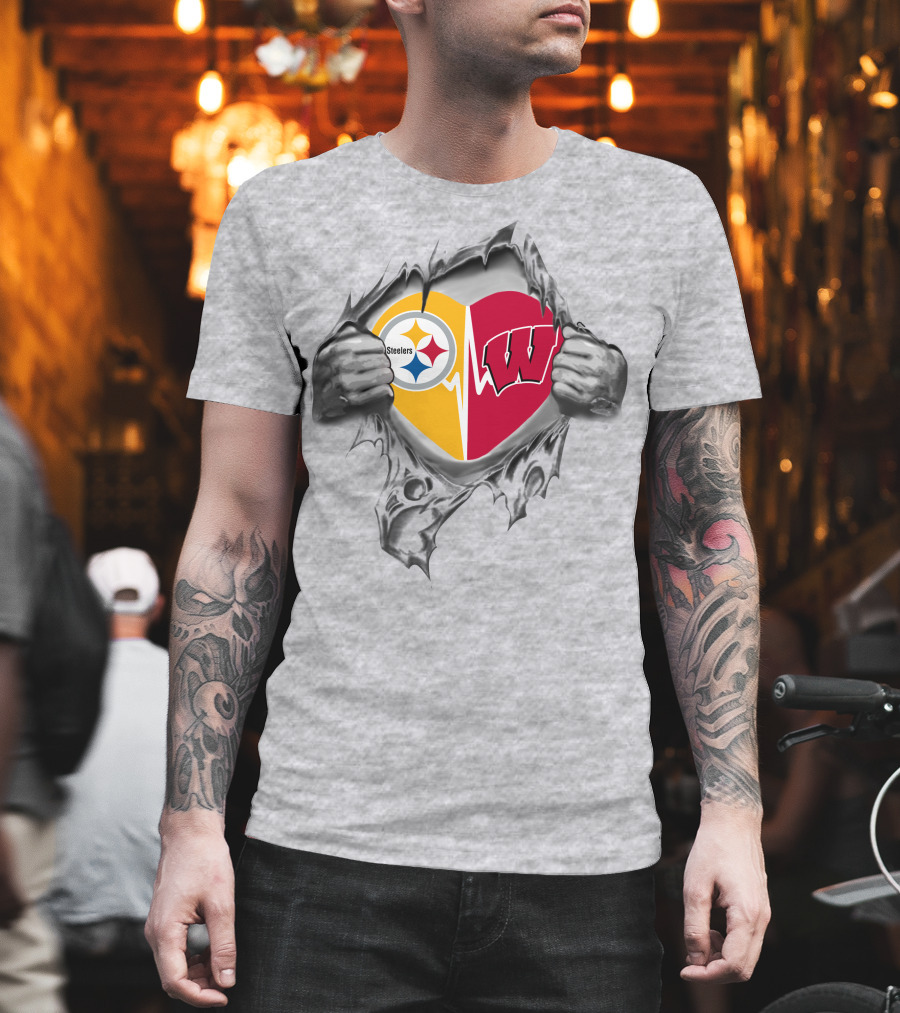 Steelers Wisconsin Badgers Heart Design With Icons T-Shirt