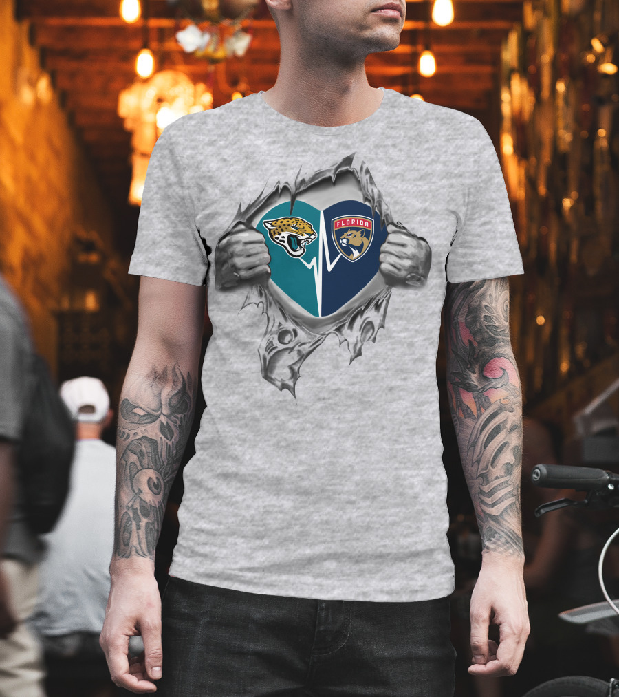 Jacksonville Jaguars Florida Panthers Heart Torn Fabric T-Shirt