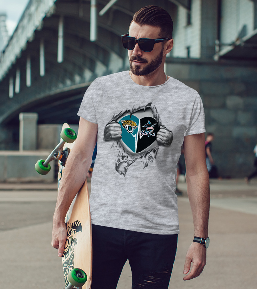 Jacksonville Jaguars Miami Marlins Heart Fan Loyalty T-Shirt