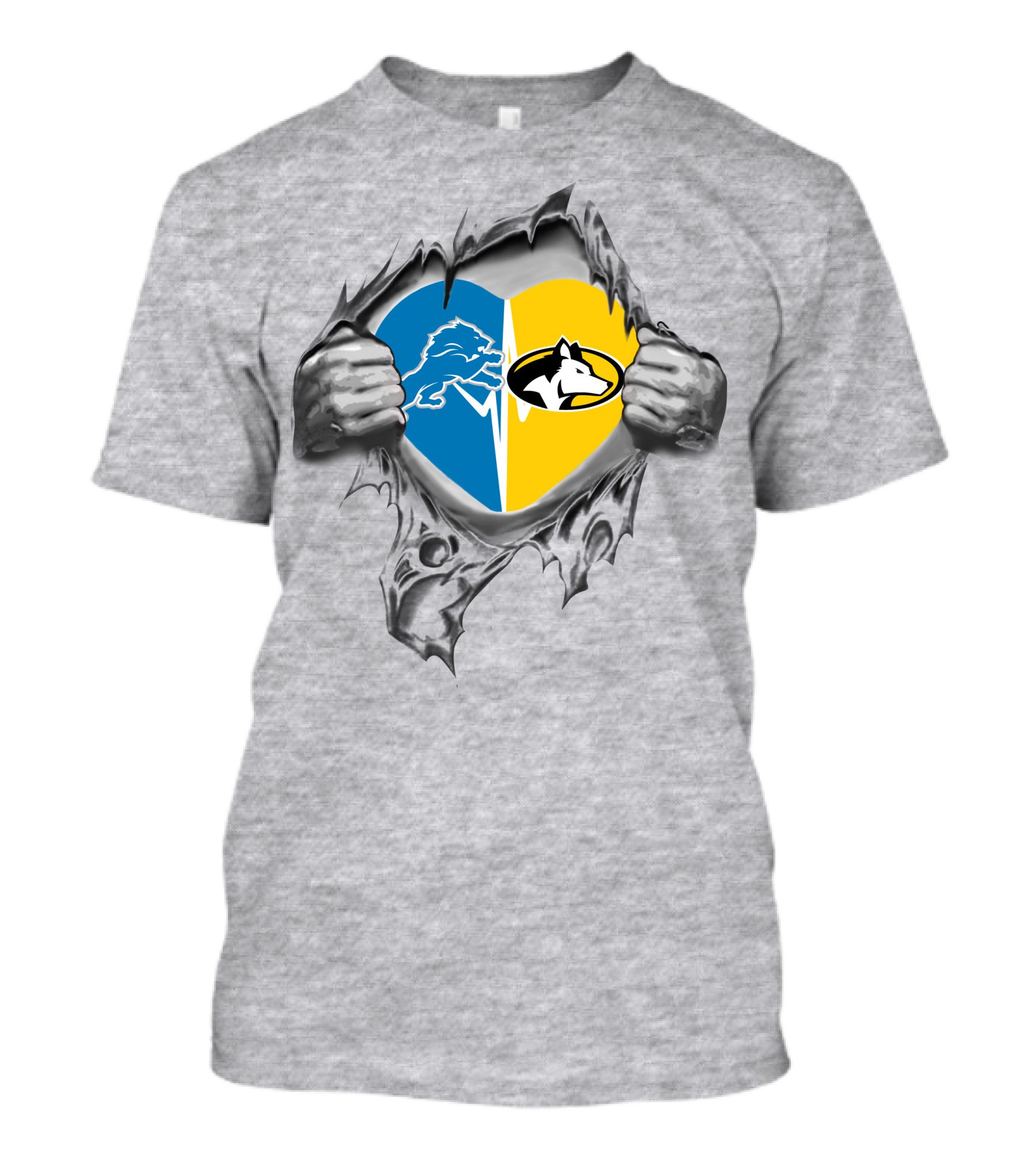 Lions Michigan Tech Huskies Heart Torn Open T-Shirt