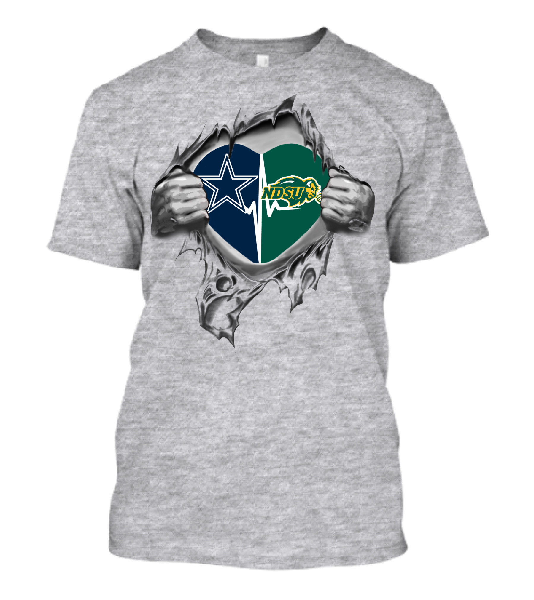 Cowboys North Dakota State Bison Heart Torn Open With Star And Bison Logos T-Shirt