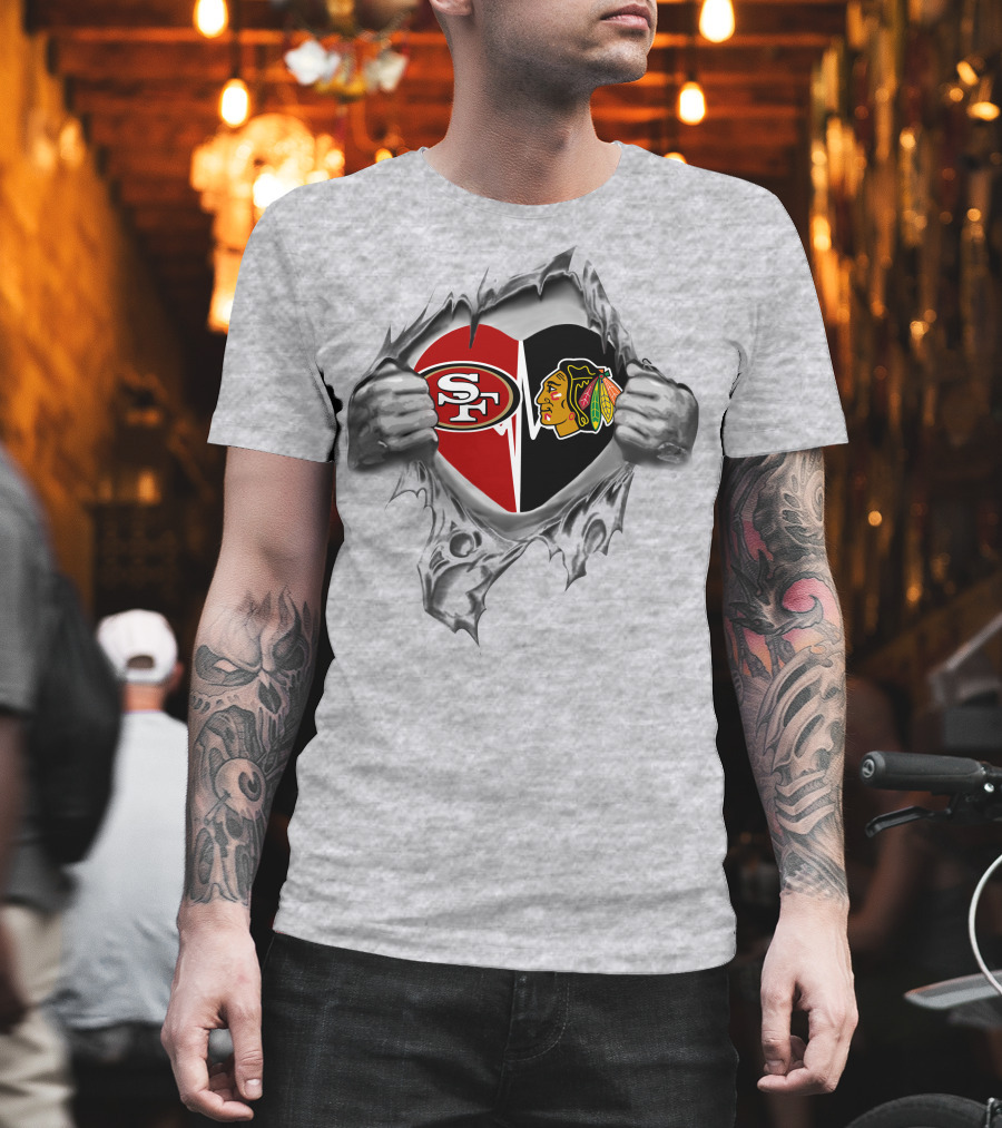 49ers Chicago Blackhawks Heart Split Logo Fan Pride T-Shirt