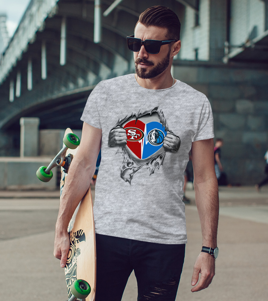 49ers Mavericks Heart Split Logos Peeling Effect Silver Hands T-Shirt