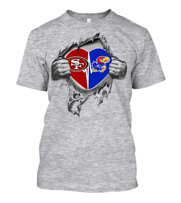 49ers San Francisco And Kansas Jayhawks Heart Logo Split T-Shirt