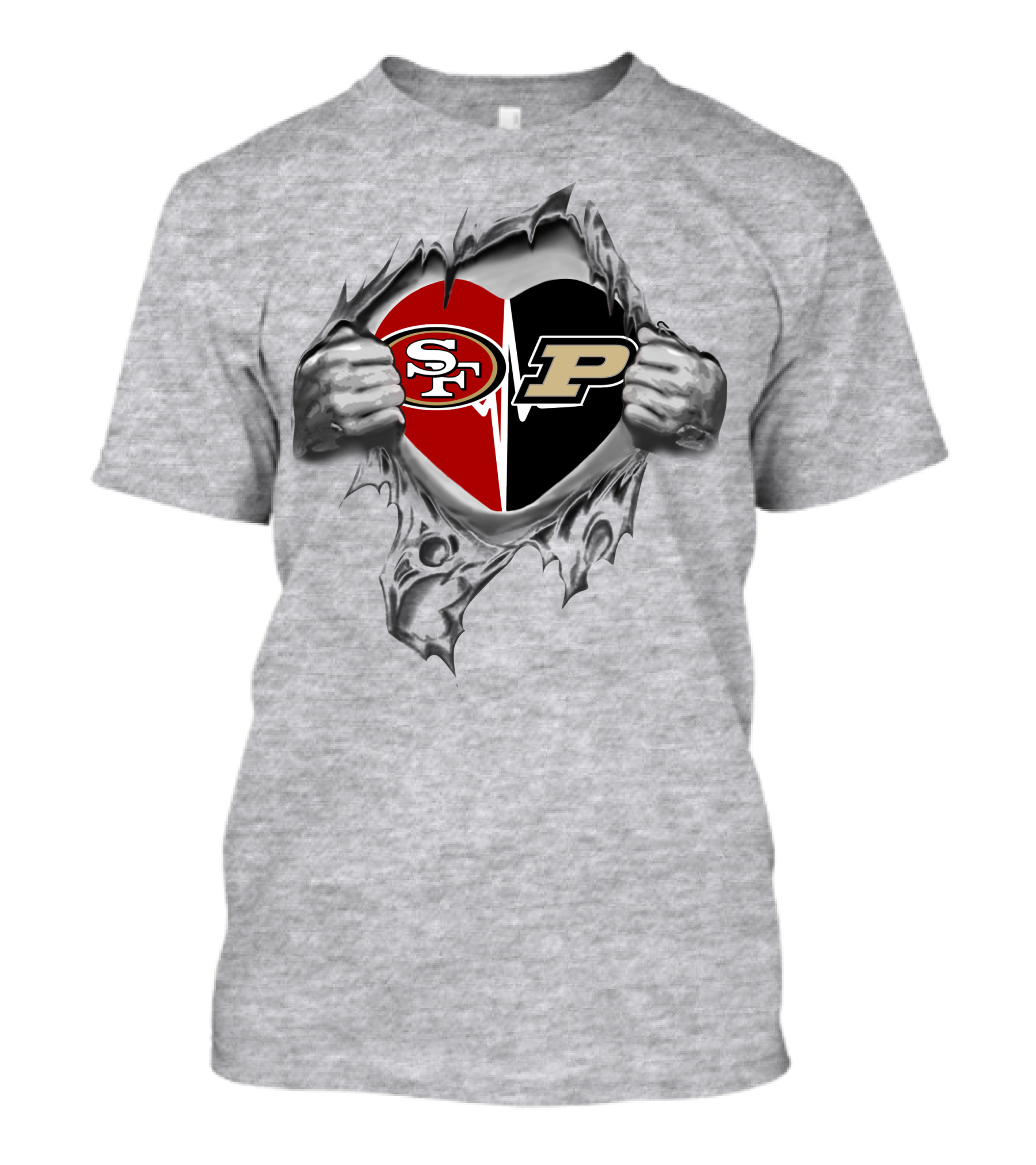49ers Purdue Boilermakers Heart Logos Torn Metal T-Shirt