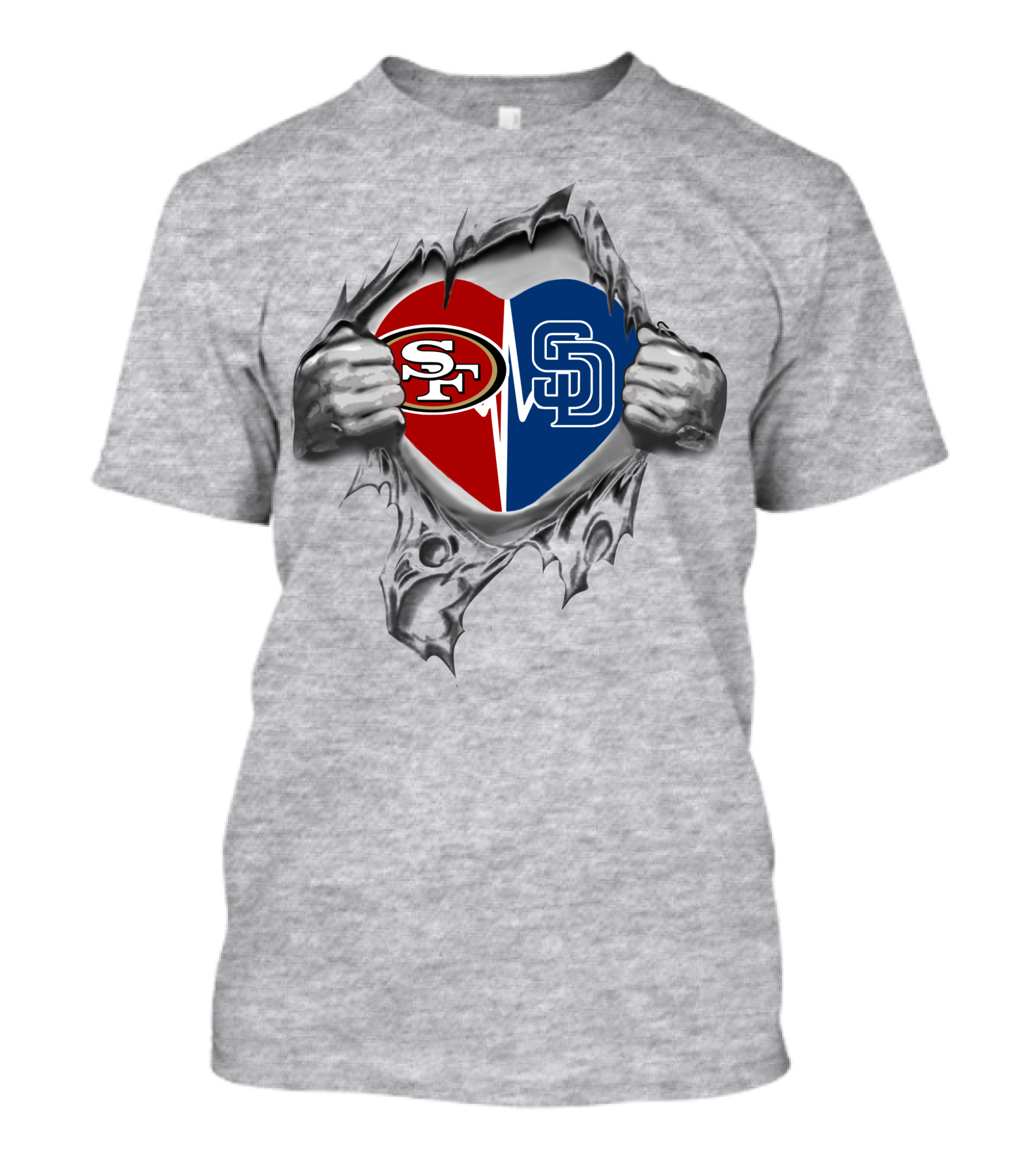 49ers San Diego Padres Heart With Logos And Hands In Torn Fabric T-Shirt