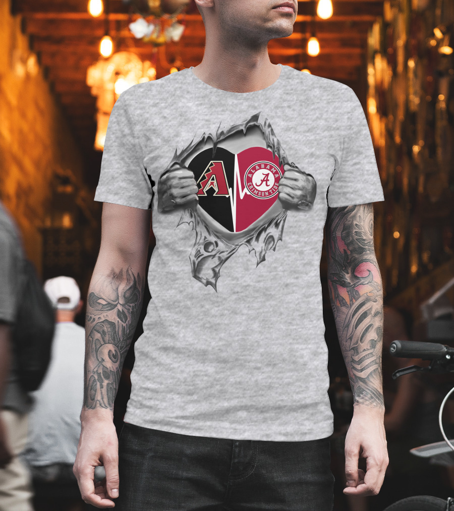 Arizona Diamondbacks Alabama Crimson Tide Heart Logos In Torn Style T-Shirt