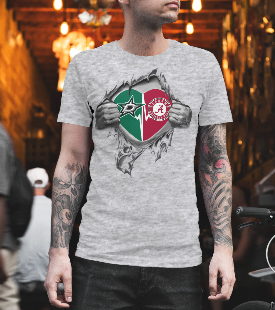 Dallas Stars Alabama Crimson Tide Heart Torn T-Shirt
