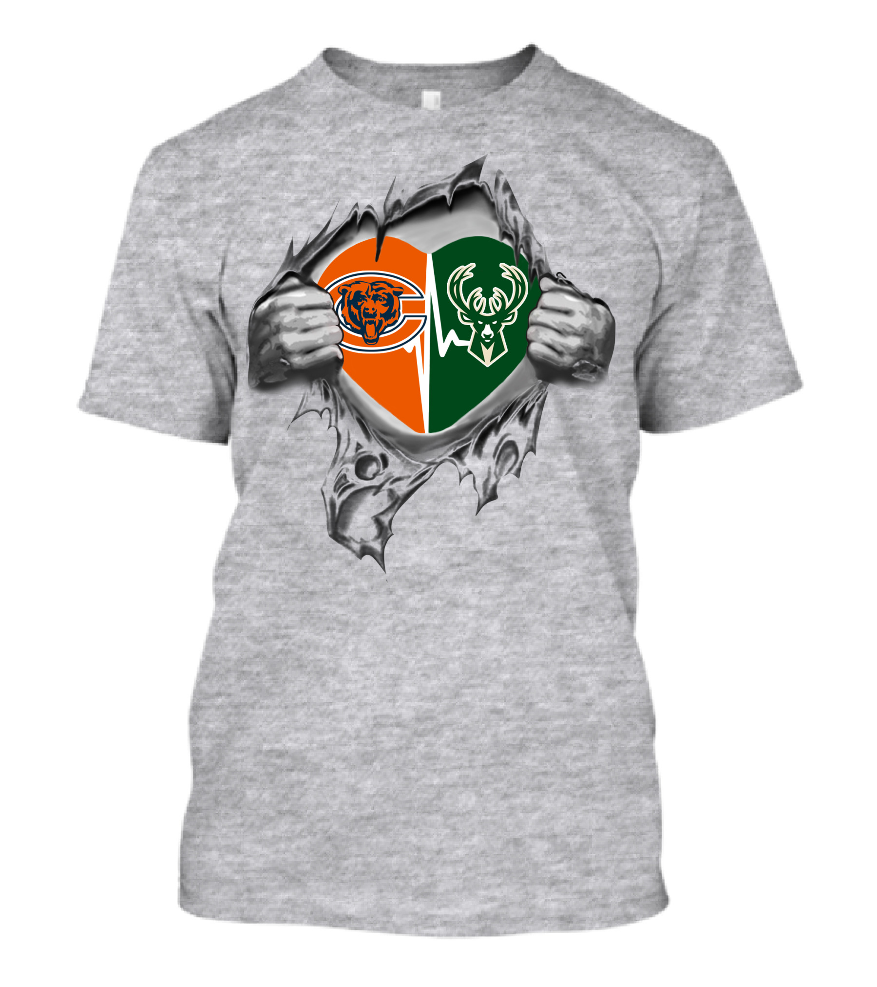 Bears Milwaukee Bucks Heart Logo Split With Hands Peeling Open T-Shirt