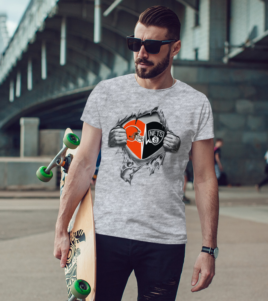 Browns Brooklyn Nets Heart Logo In Torn Fabric T-Shirt