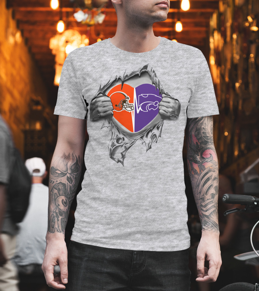 Browns Kansas State Wildcats Heart Design With Helmet And Wildcat T-Shirt