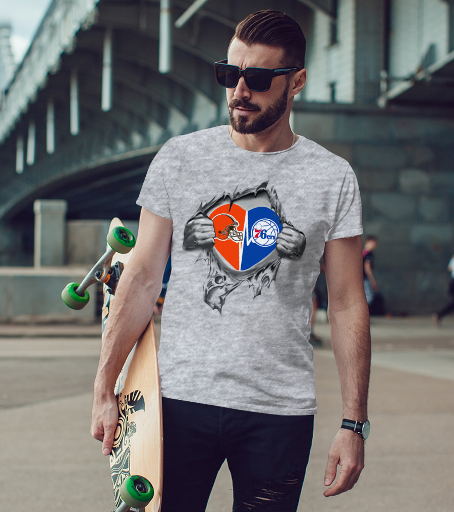 Browns 76ers Nfl Nba Heart Logo Fusion T-Shirt