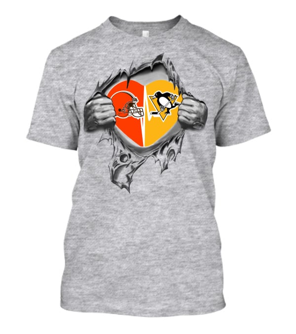 Browns Pittsburgh Penguins Heart Split T-Shirt
