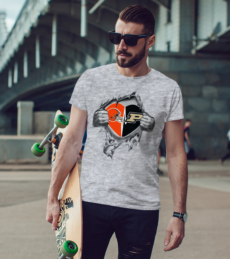 Browns Purdue Boilermakers Heart Split Design With Football Helmet And P T-Shirt