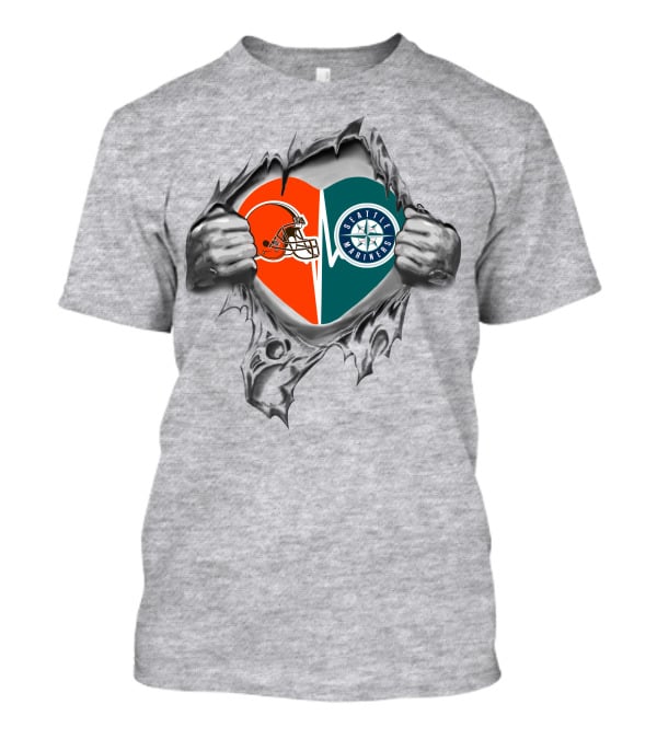 Browns And Seattle Mariners Heart Symbol With Torn Fabric T-Shirt