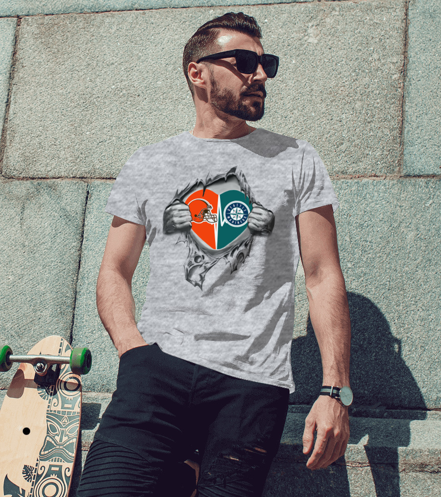 Browns And Seattle Mariners Heart Symbol With Torn Fabric T-Shirt