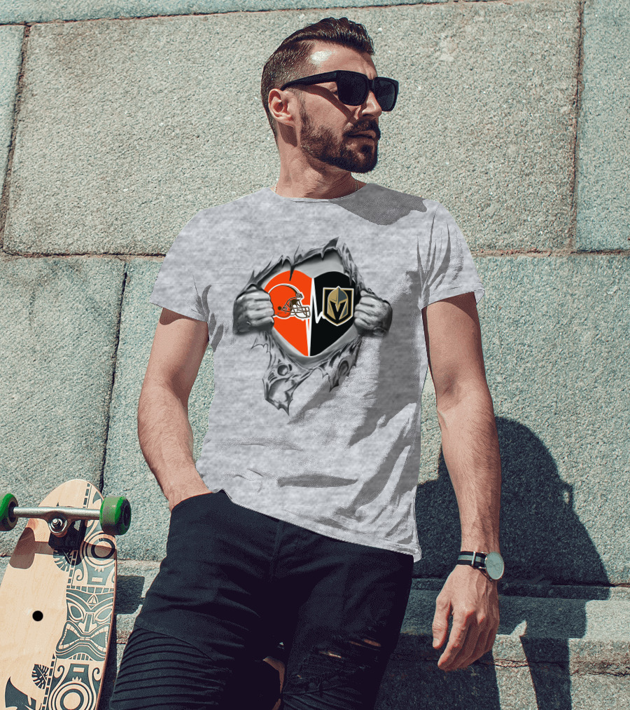 Browns Vegas Golden Knights Heart Logo With Ripped Effect T-Shirt