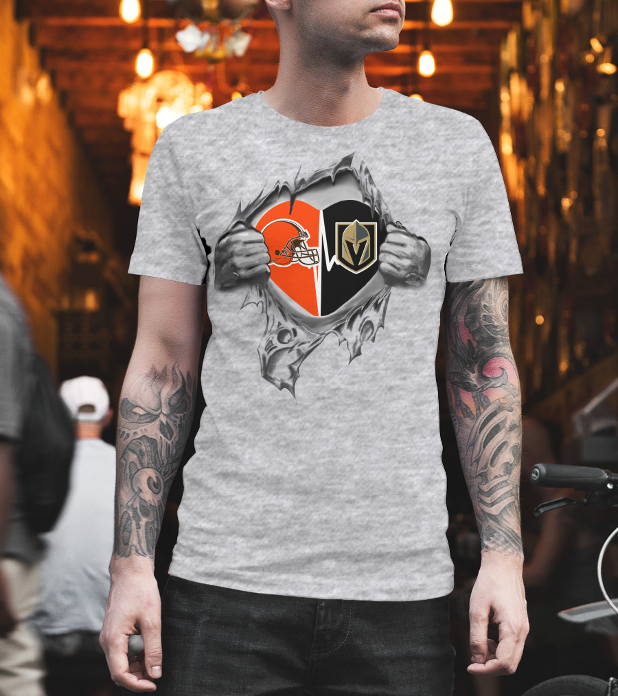 Browns Vegas Golden Knights Heart Logo With Ripped Effect T-Shirt