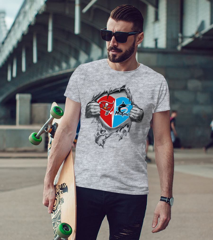 Buccaneers And Miami Marlins Heart Rip T-Shirt