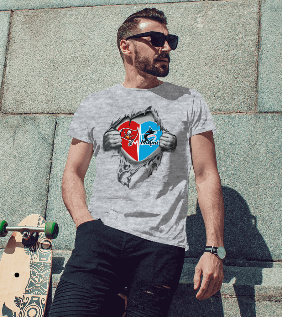Buccaneers And Miami Marlins Heart Rip T-Shirt