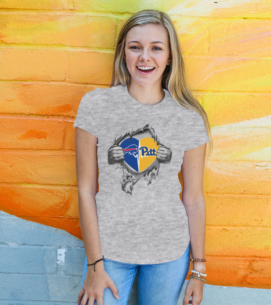 Bills And Pittsburgh Panthers Heart Logo Tear T-Shirt