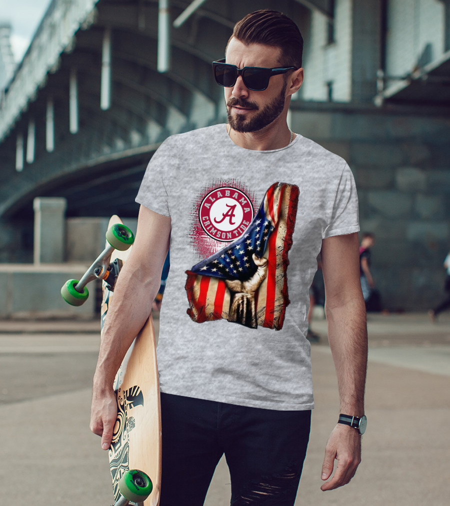 Alabama Crimson Tide American Flag Fist Outline T-Shirt
