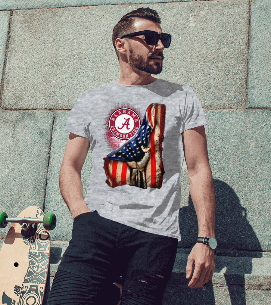 Alabama Crimson Tide American Flag Fist Outline T-Shirt