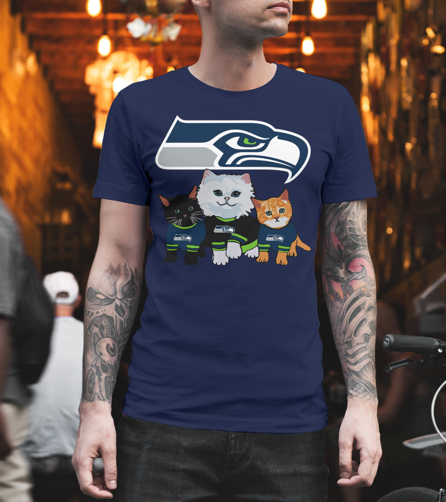 Seattle Seahawks Logo With Cats In Team Jerseys T-Shirt