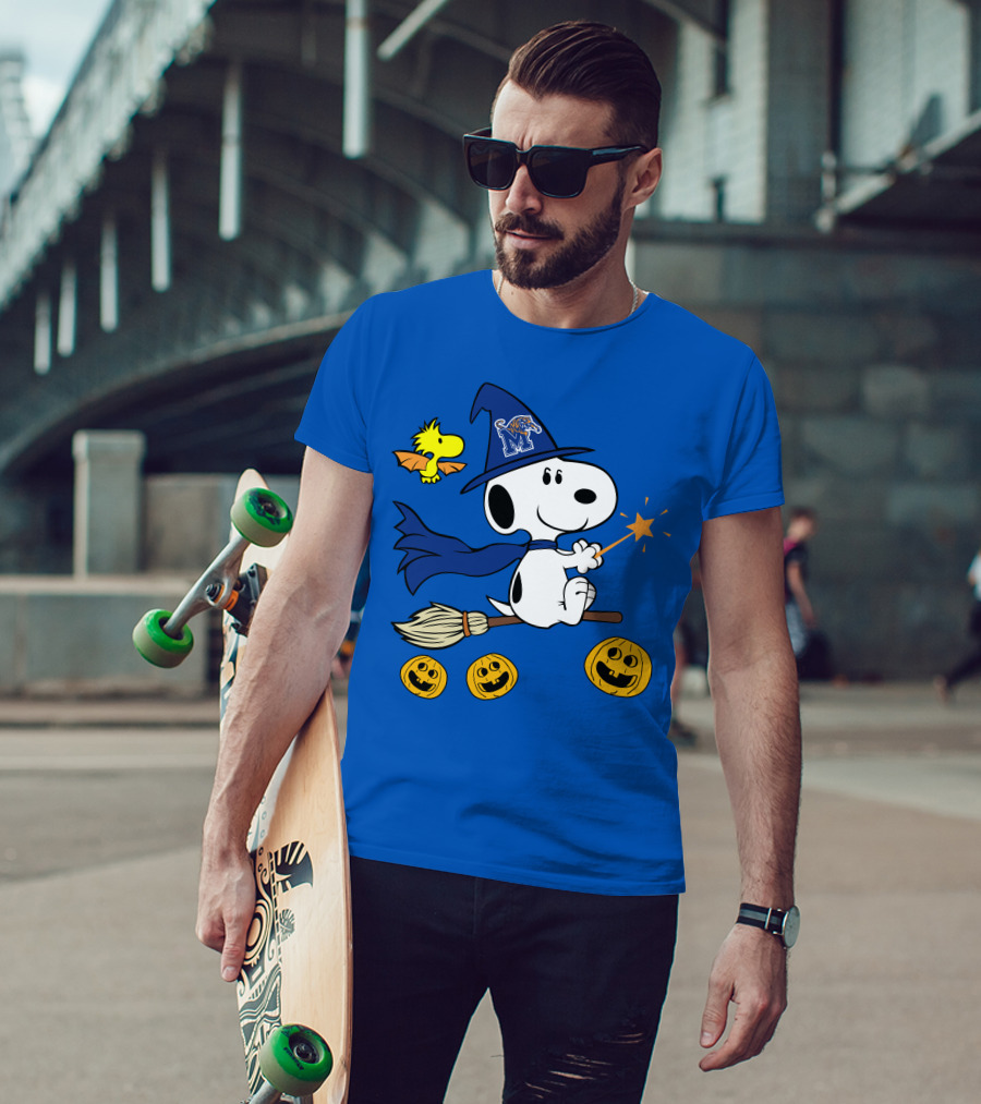 Snoopy And Woodstock Flying Witch With Memphis Tigers Hat And Happy Halloween Pumpkins T-Shirt